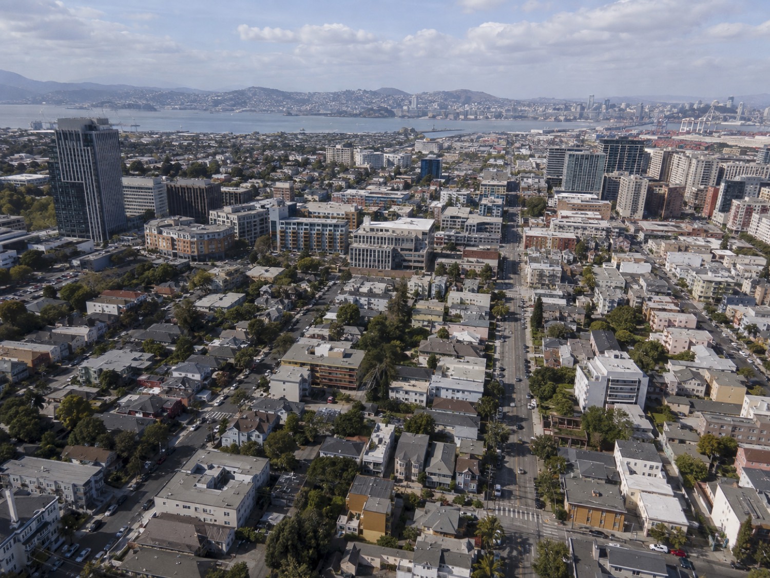 Aerial drone view of Oakland, CA
