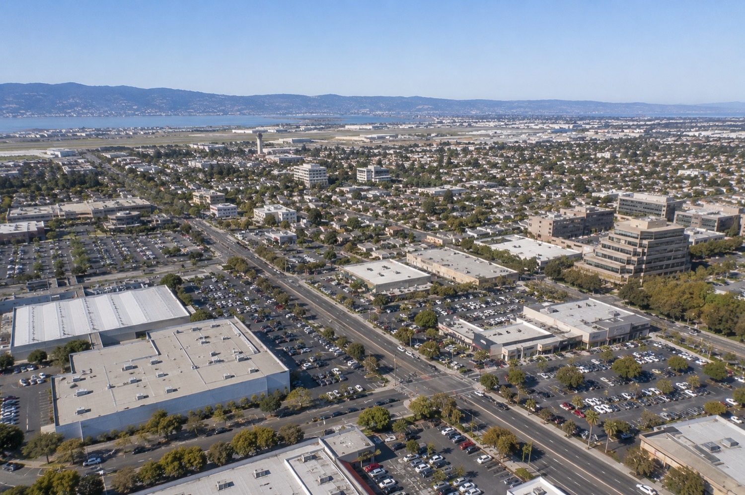 Aerial drone view of San Leandro, CA